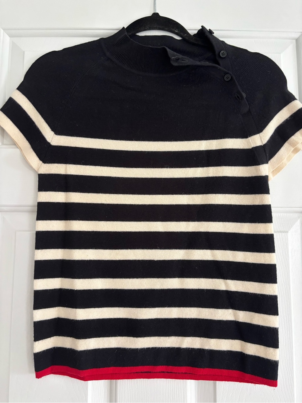 Anthropologie Black, Cream & Red Striped Short-Sleeve Turtleneck Sweater